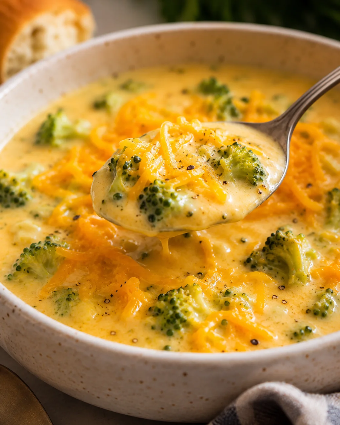 Rich, cheesy broccoli soup with tender broccoli pieces and melted cheese.