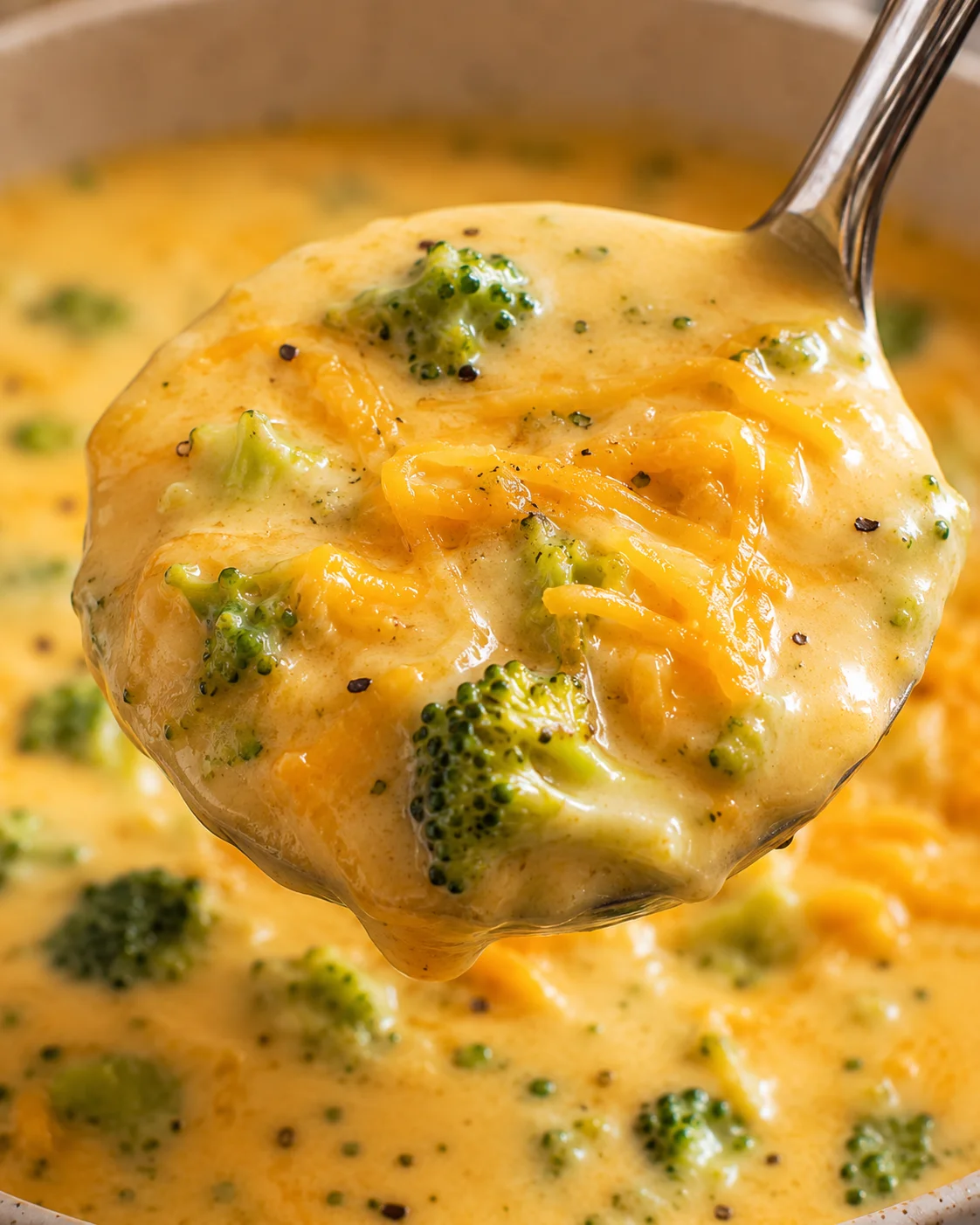 Close-up of a spoonful of creamy broccoli cheese soup with melted cheese and broccoli