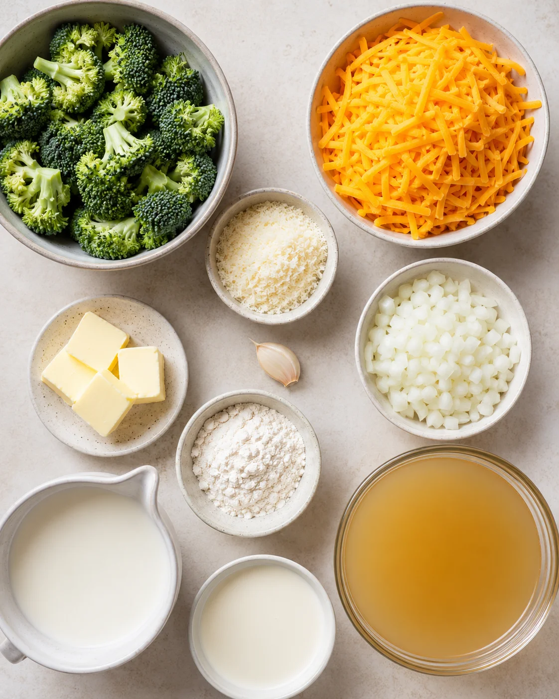 Bowl of fresh broccoli, shredded cheese, and other ingredients for cheesy soup