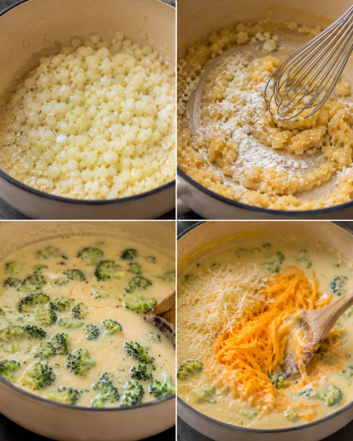 Step-by-step images showing the process of making broccoli cheese soup.