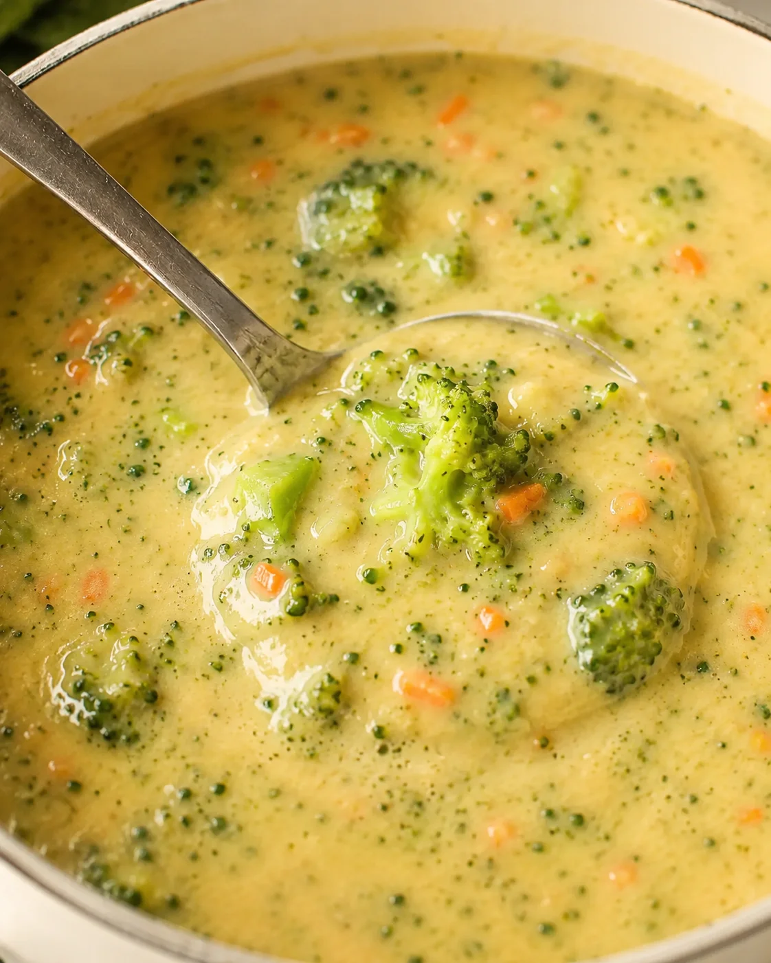 Creamy broccoli cheddar soup with cottage cheese and vibrant vegetables in a pot.