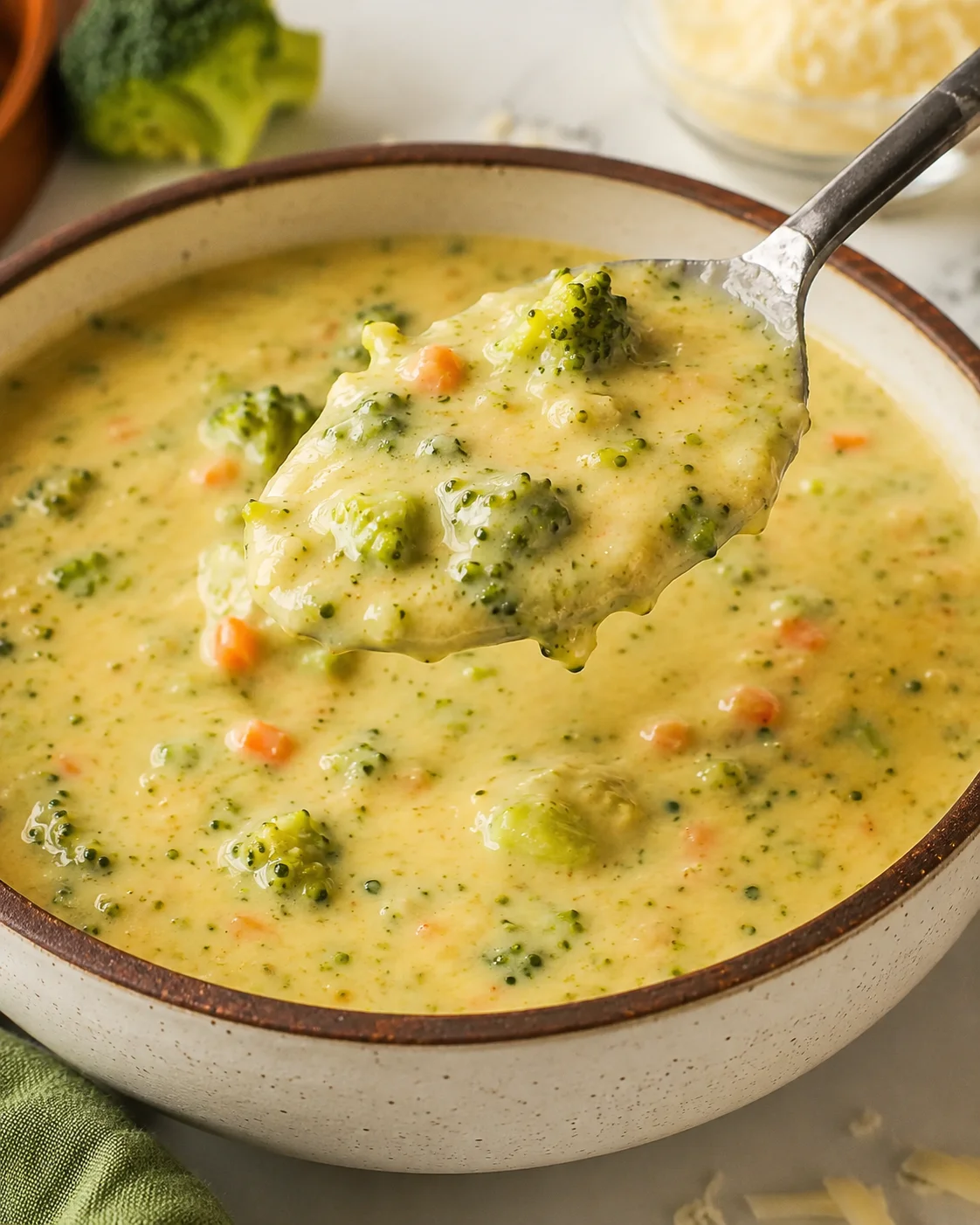 Creamy broccoli cheddar soup packed with protein made with cottage cheese.