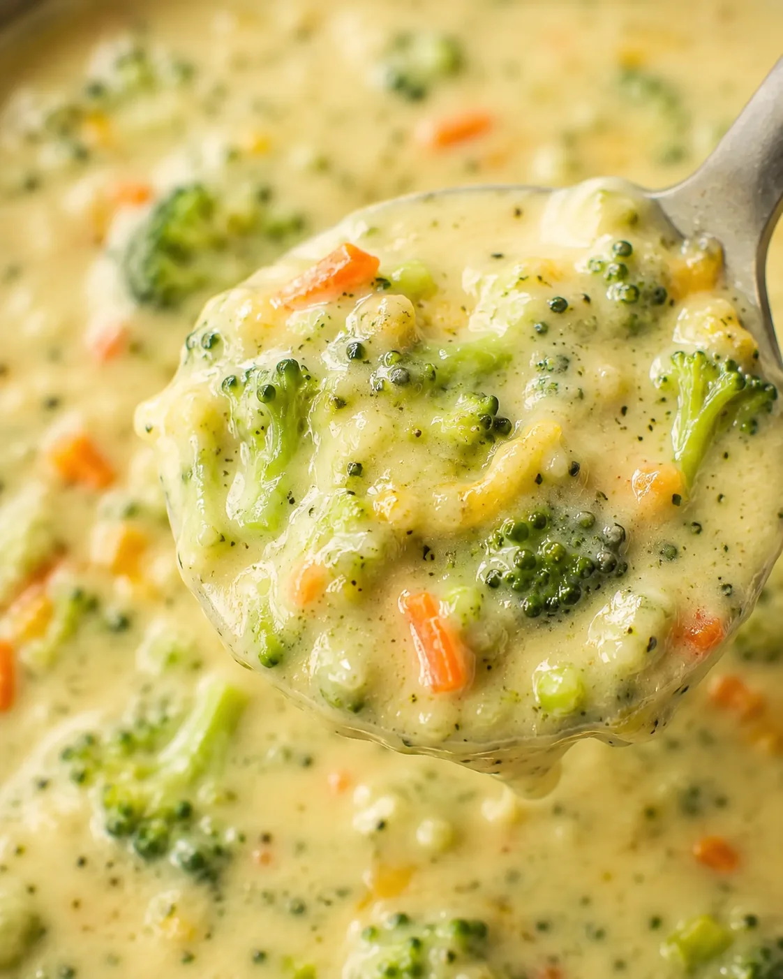 Creamy broccoli cheddar soup with cottage cheese and vegetables, served steaming hot.