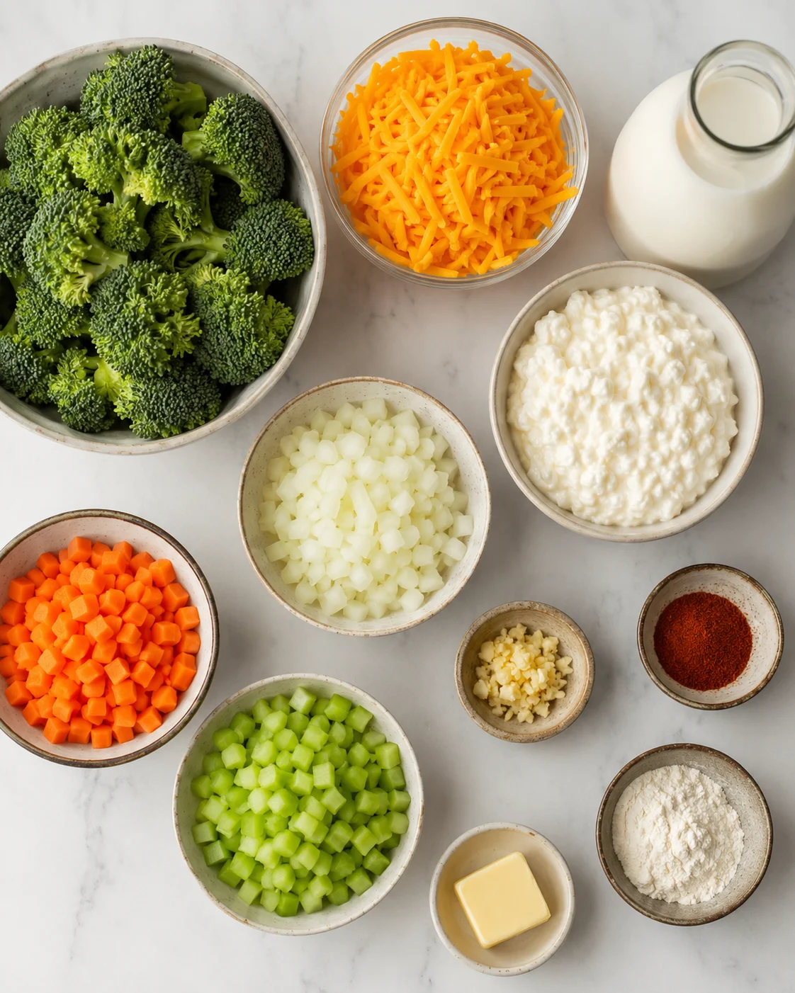 Fresh ingredients including broccoli, cheese, and vegetables for the soup.