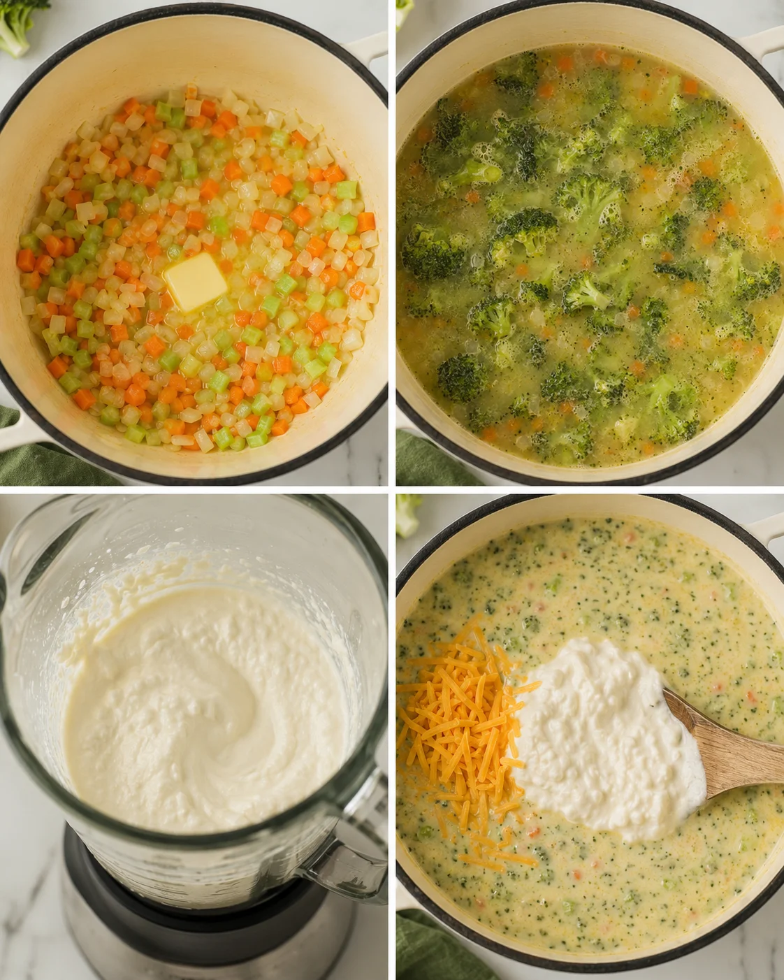 Creamy broccoli cheddar soup with cottage cheese and cheese in a pot. Overhead shot.