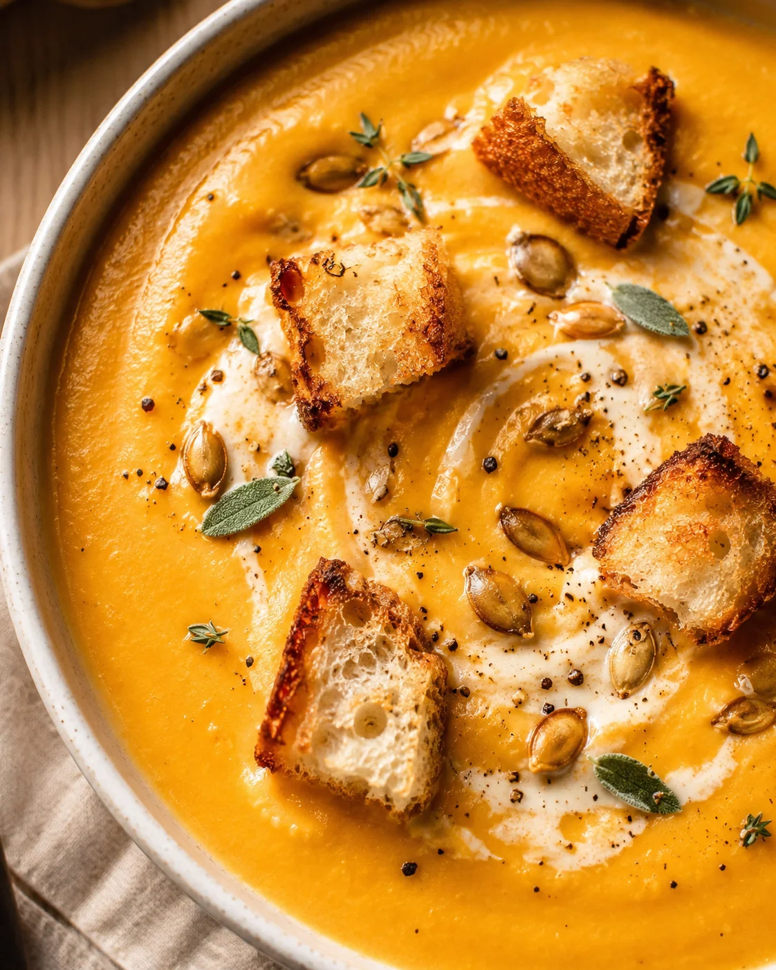 A bowl of vibrant orange roasted butternut squash soup garnished with croutons and herbs.