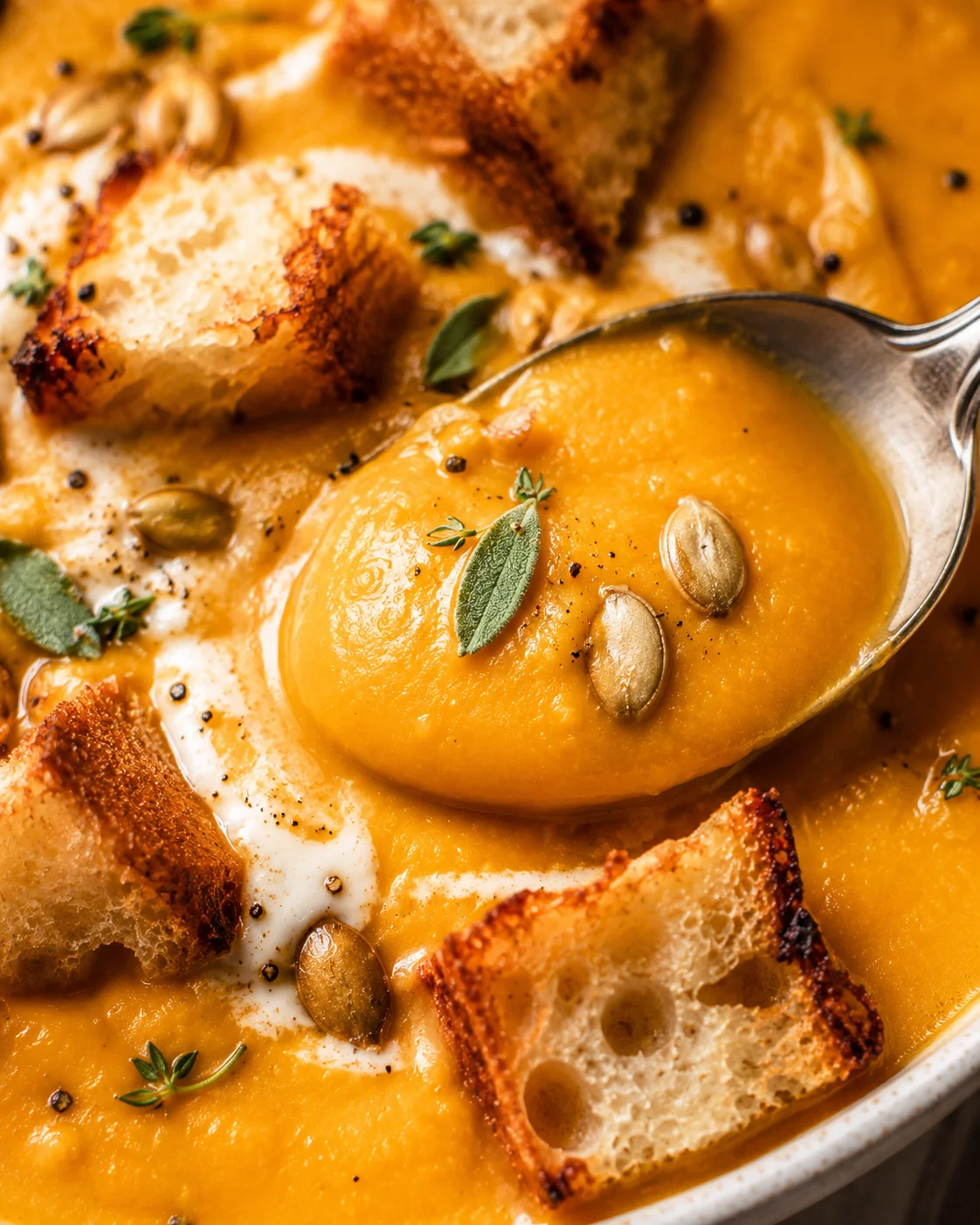 Close-up of creamy roasted butternut squash soup garnished with herbs and croutons