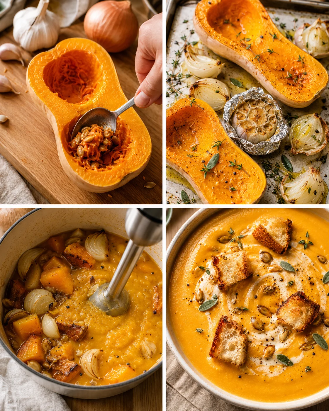 Step-by-step images of preparing and roasting butternut squash for soup.