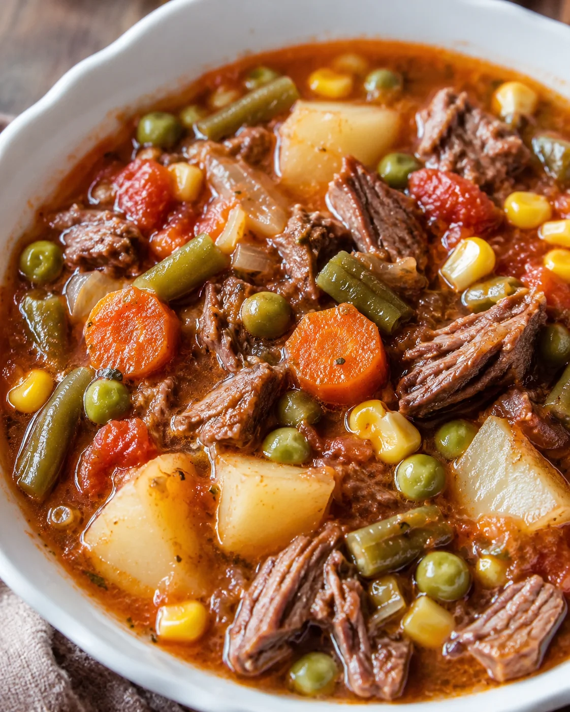 Homestyle vegetable beef soup with tender beef chunks and hearty vegetables in a white bowl.