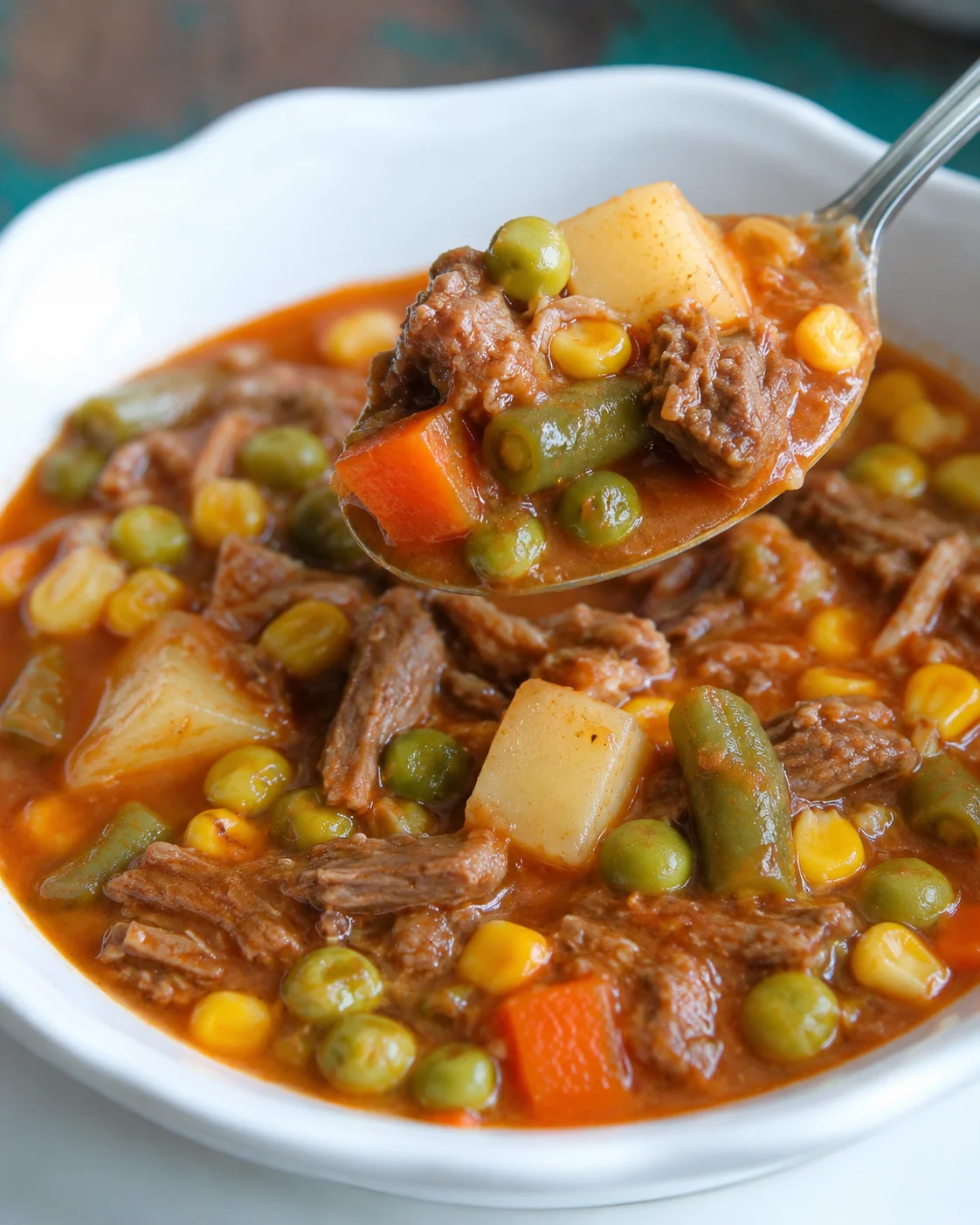 A hearty bowl of homemade vegetable beef soup with chunks of beef and vegetables