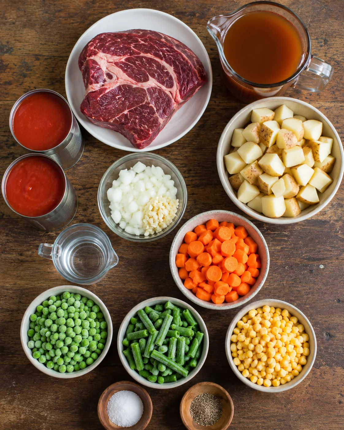Assorted fresh ingredients including beef, vegetables, and broth for soup.