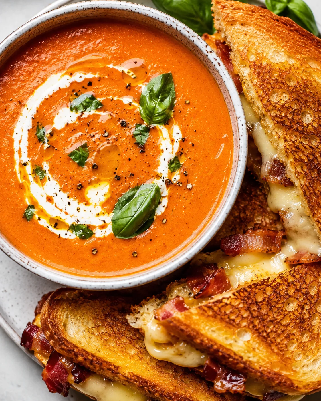 Delicious, velvety tomato bisque soup with fresh basil and a toasted sandwich