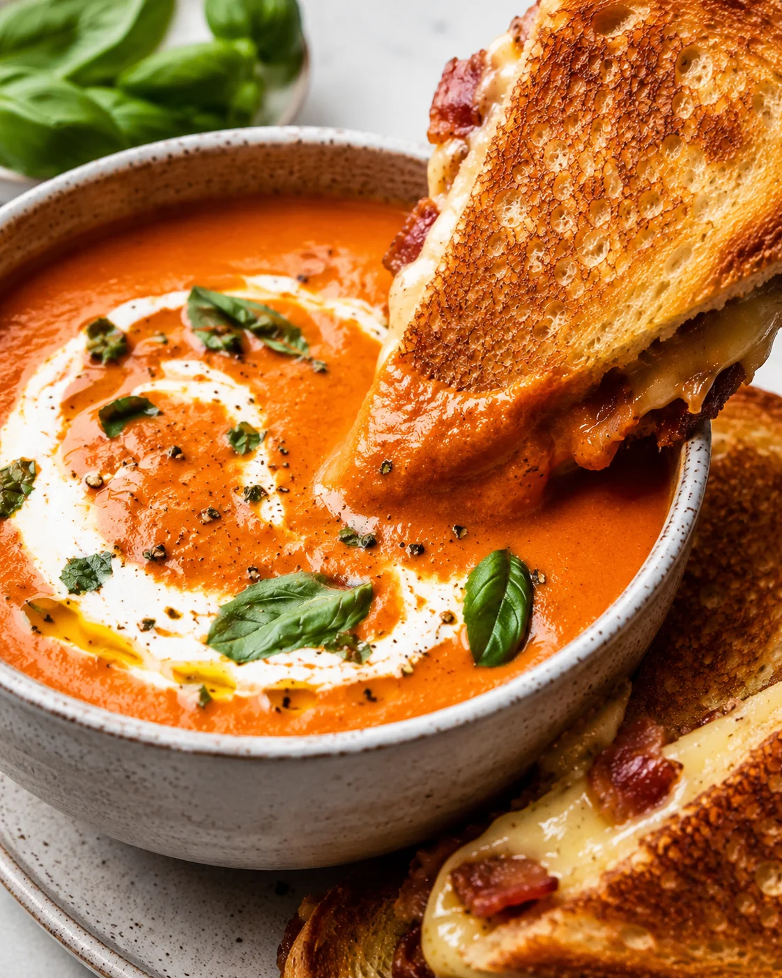Delicious bowl of tomato bisque soup with bread and herbs garnished on top