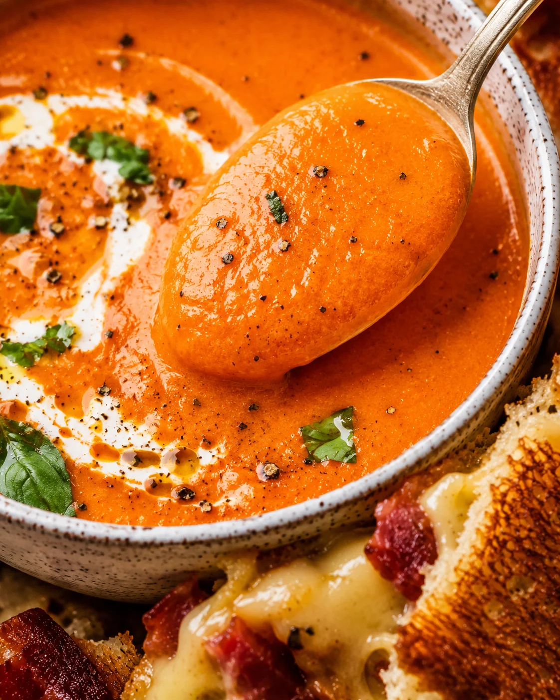 Bright orange, creamy tomato bisque served in a bowl with herbs and black pepper.