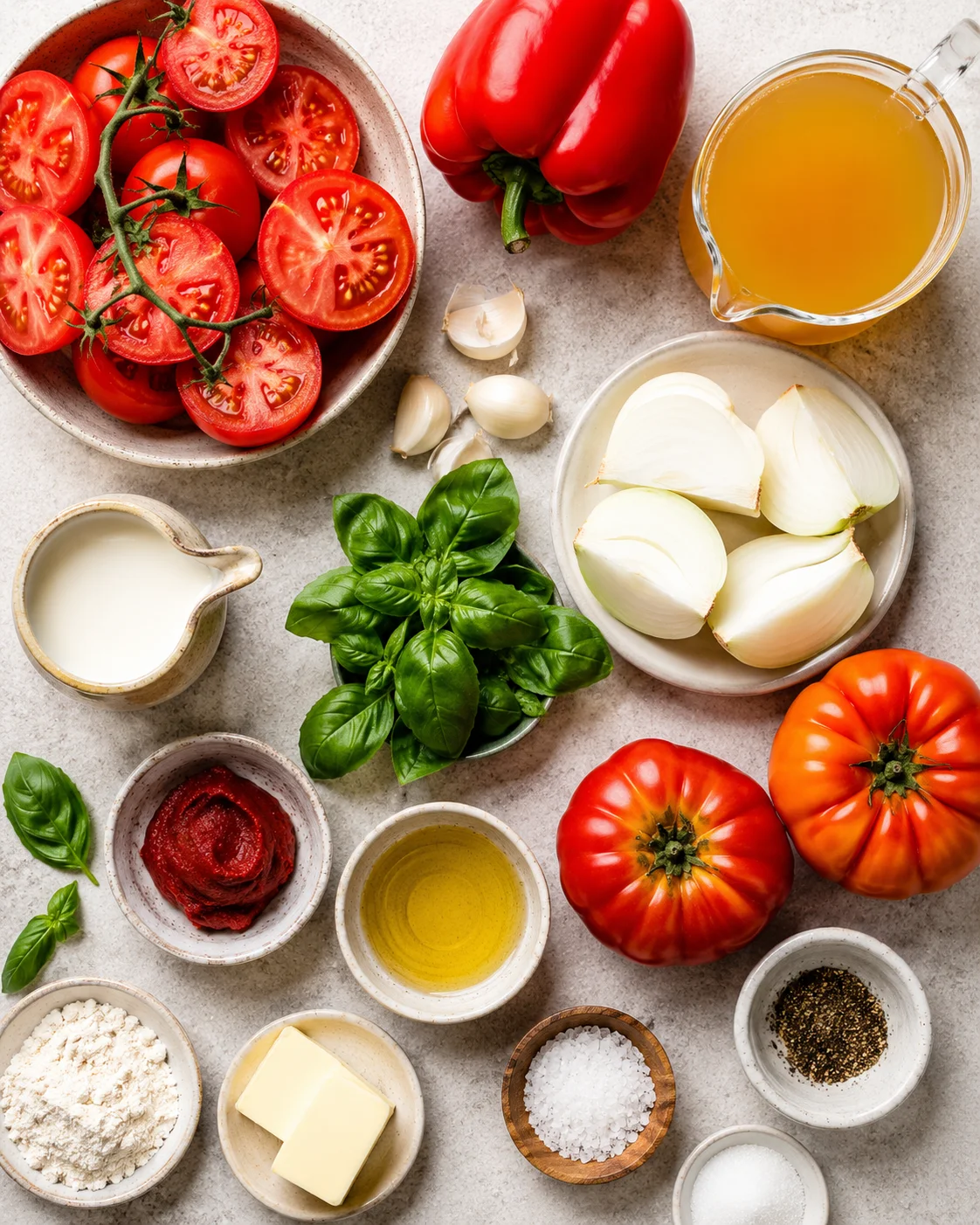 Fresh tomatoes, red bell peppers, garlic, herbs, and cream for tomato bisque.