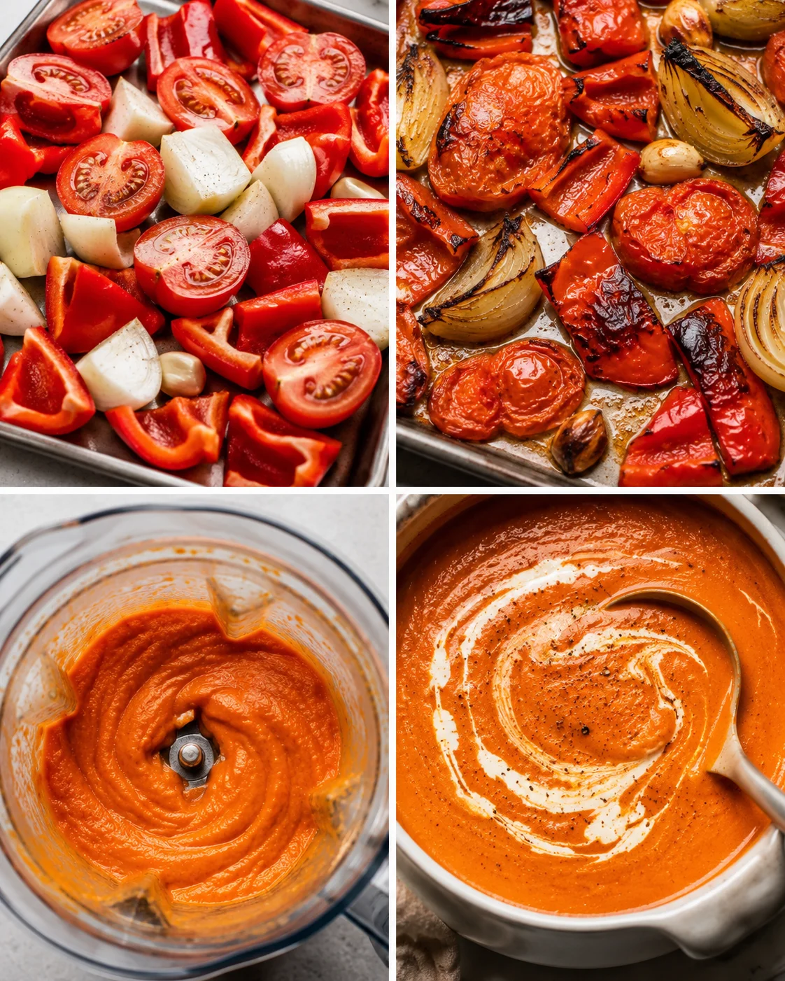 Roasted tomatoes, peppers, onions, and garlic preparing for soup