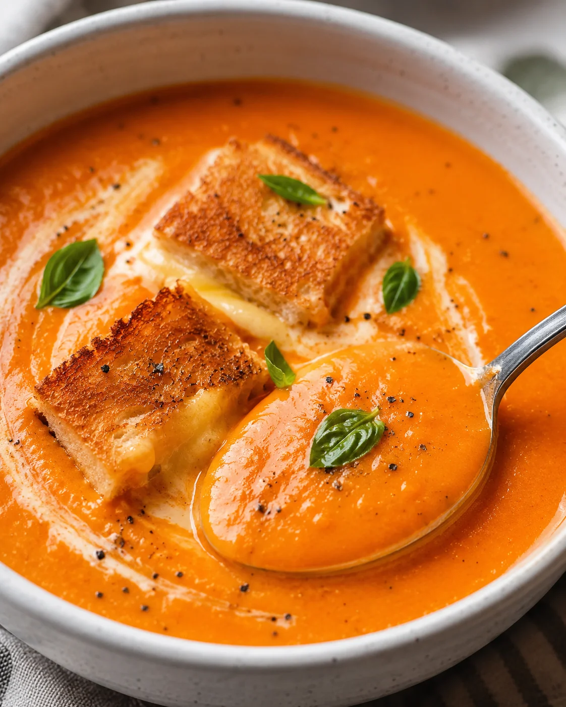 Creamy tomato soup with basil, grilled cheese, and fresh herbs in a white bowl.