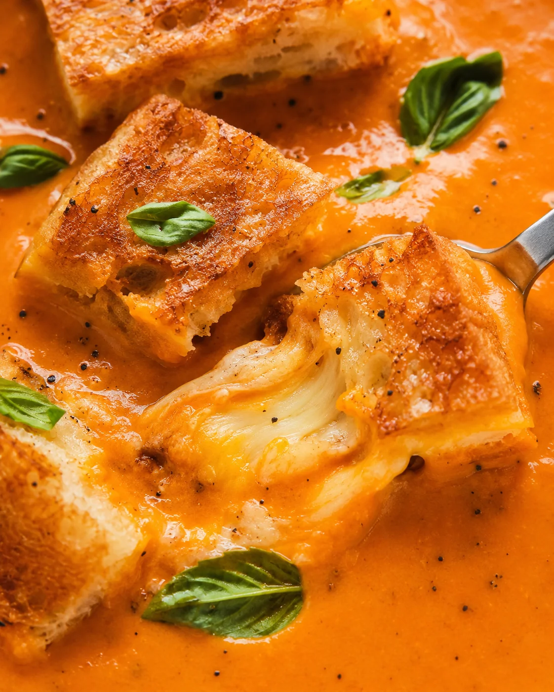 Close-up of creamy tomato soup with grilled cheese and fresh basil leaves.