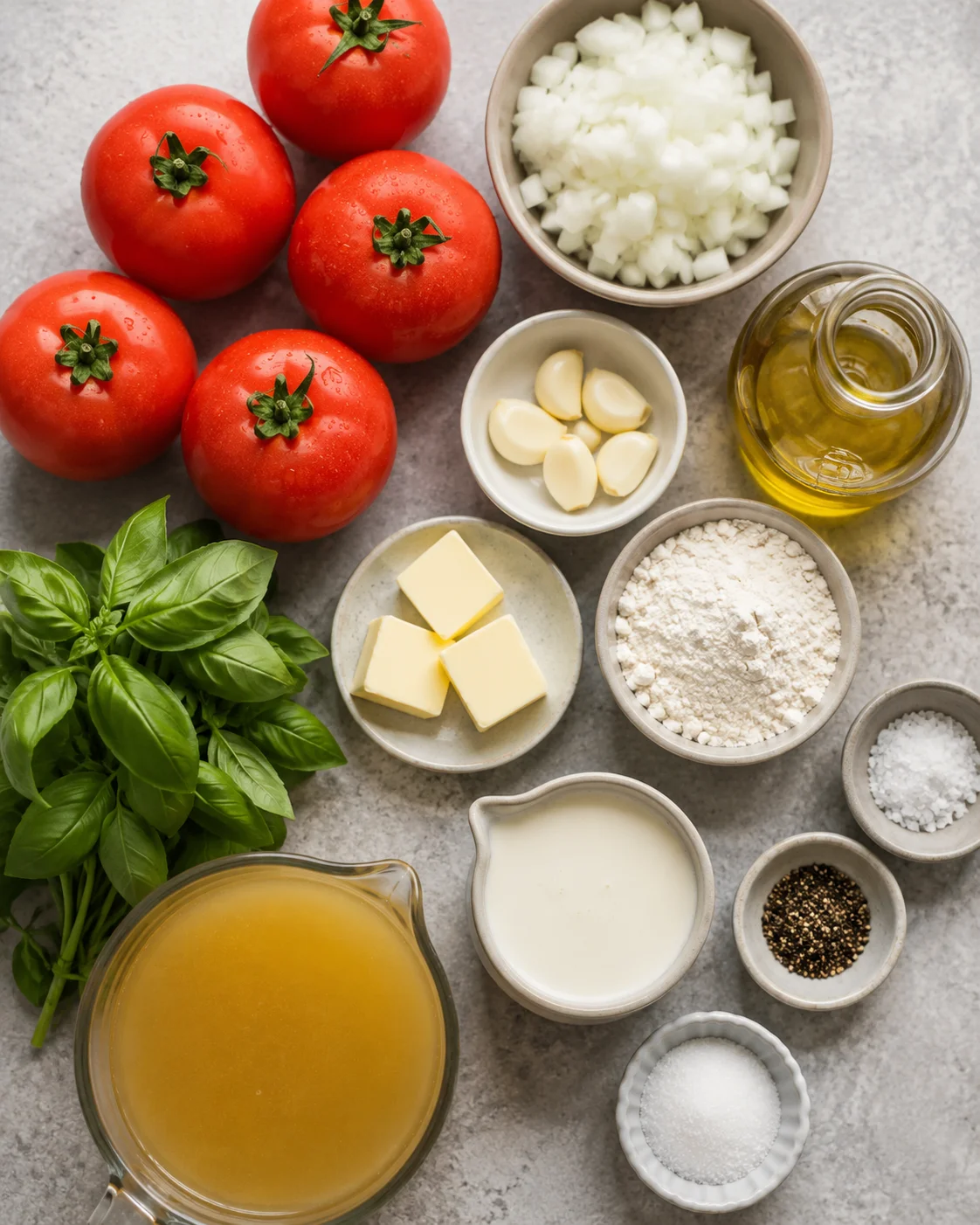 Fresh tomatoes, garlic, onions, basil, and other ingredients for tomato soup