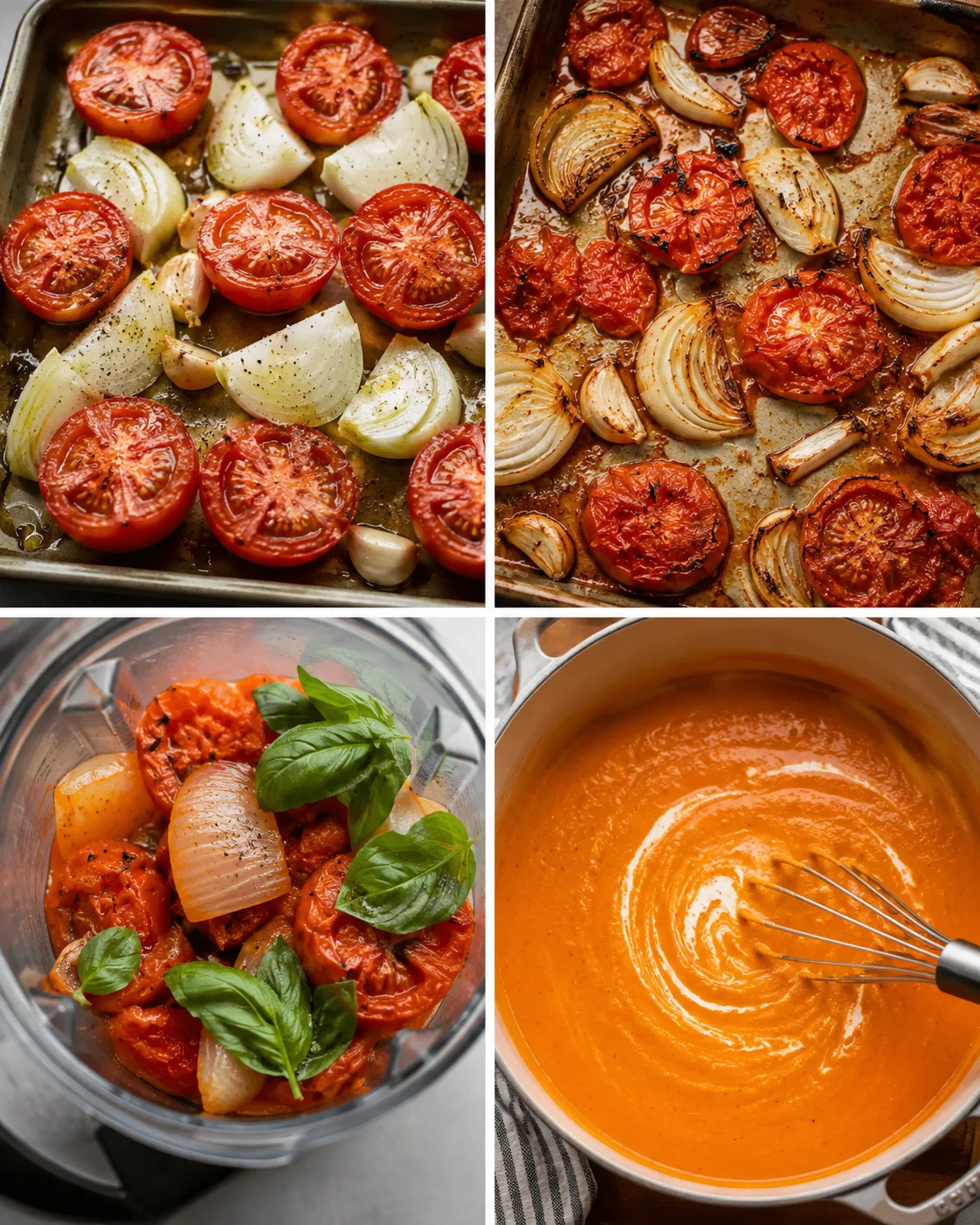 Fresh ripe tomatoes, onions, garlic, and basil roasted for rich tomato soup.