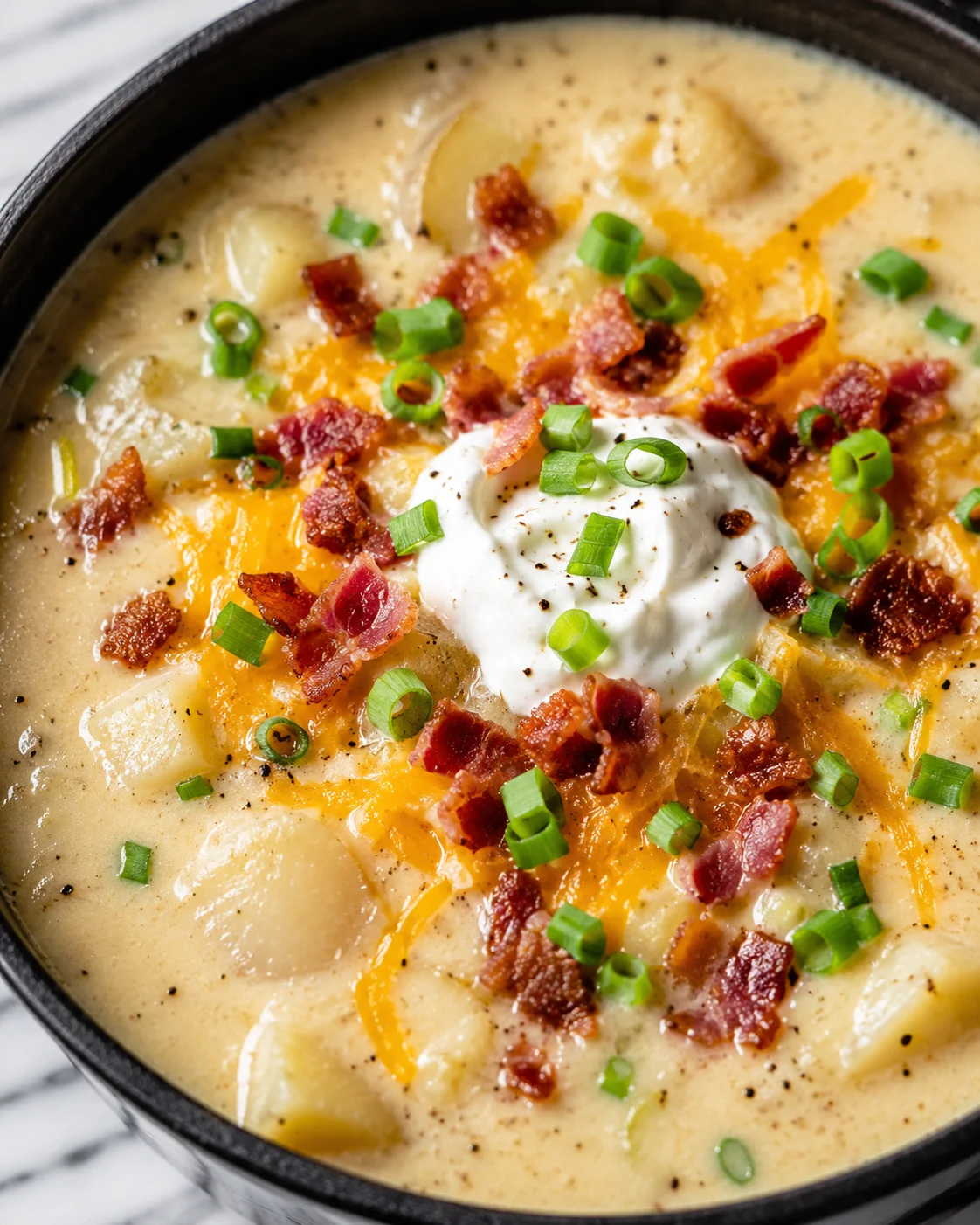 Creamy baked potato soup topped with bacon, cheese, and green onions.