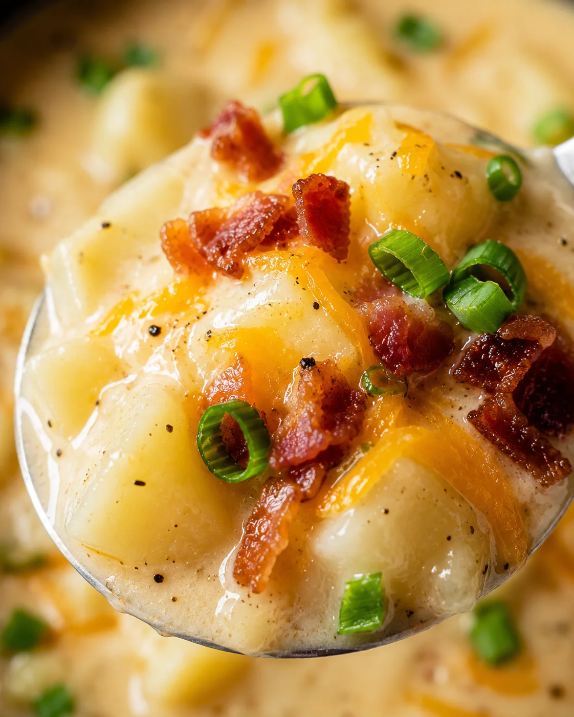 Close-up of creamy baked potato soup topped with bacon and green onions