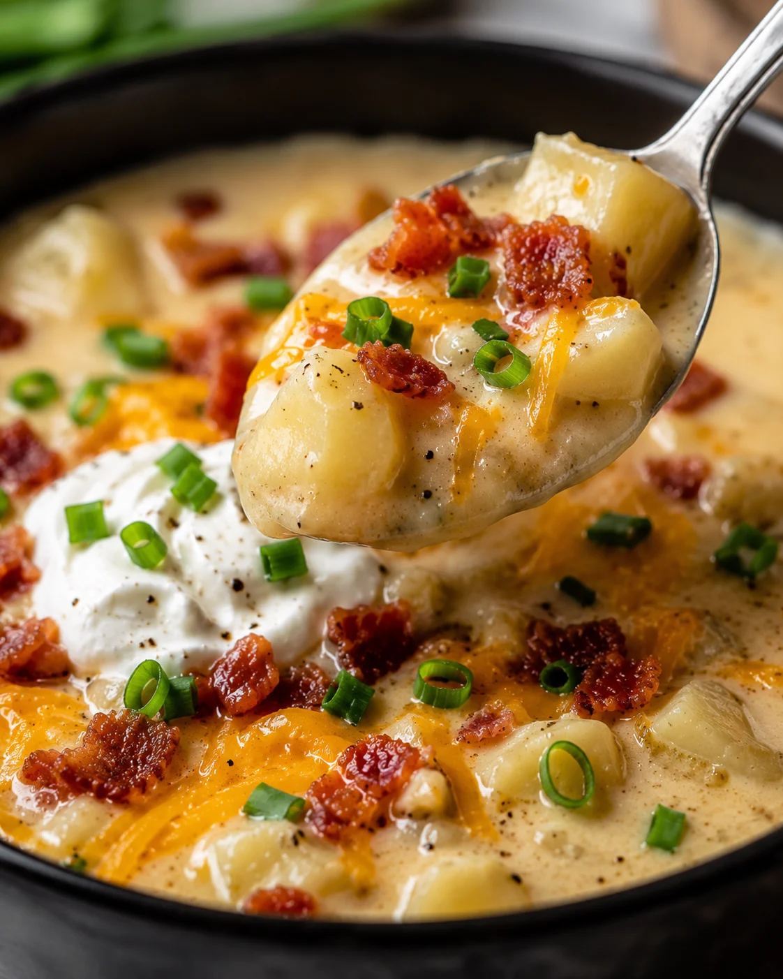 Creamy baked potato soup topped with bacon, cheese, and scallions in a skillet.