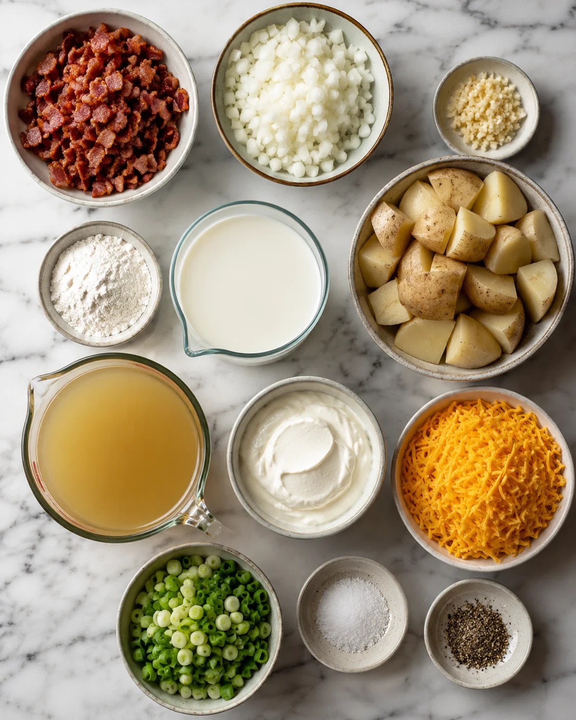 Assorted ingredients including bacon, potatoes, cheese, and onions for soup