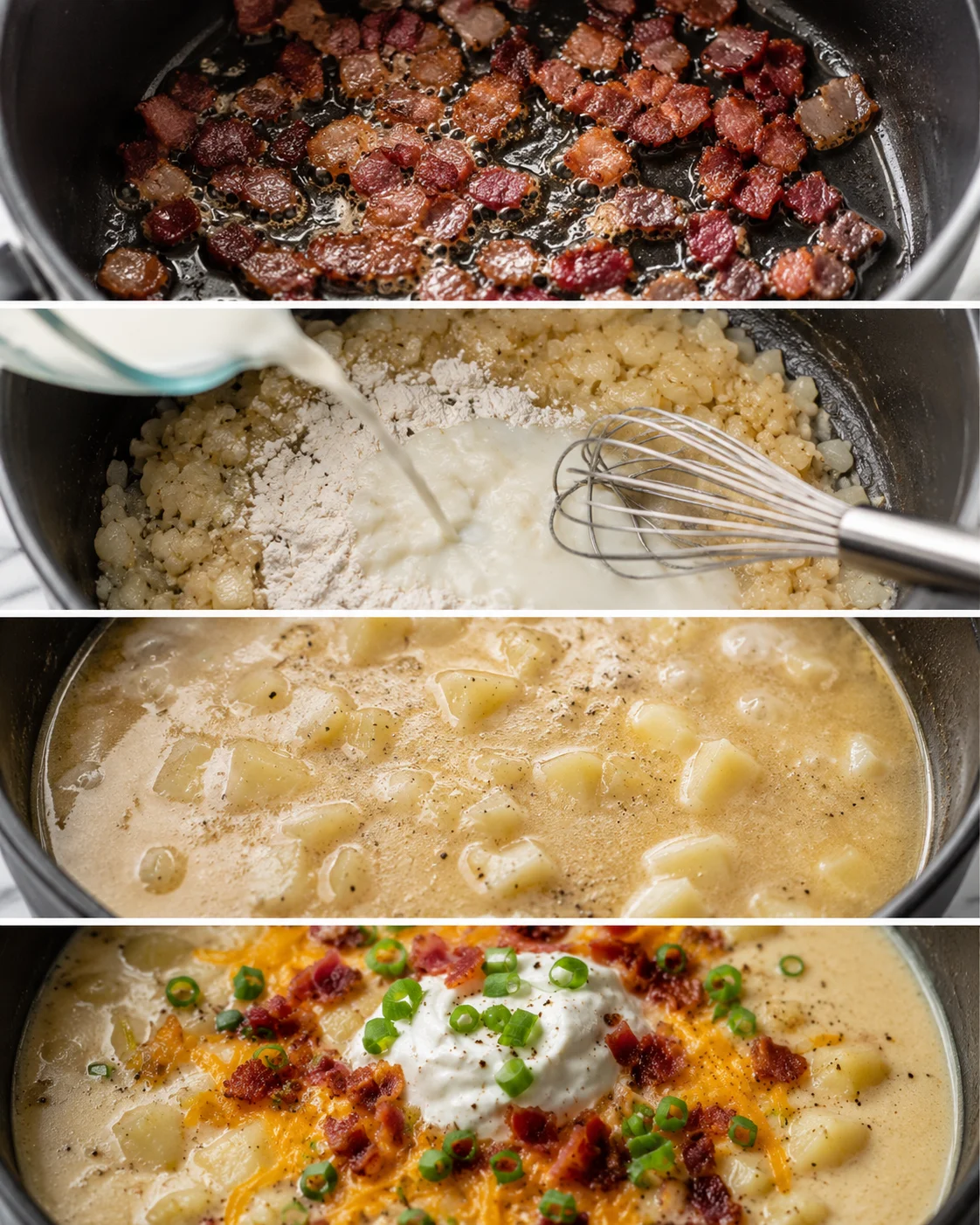 Creamy potato soup with bacon, cheese, and green onions in a bowl