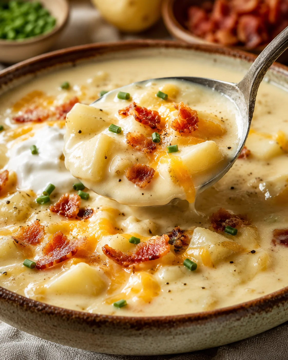 Creamy baked potato soup topped with bacon, chives, and cheese in a bowl
