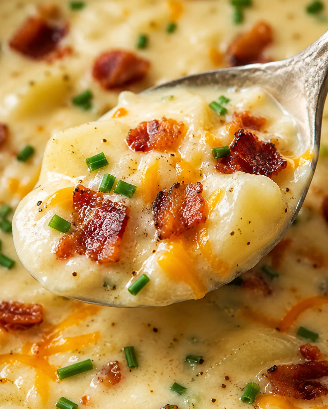 Creamy baked potato soup topped with bacon and green chives in a bowl.