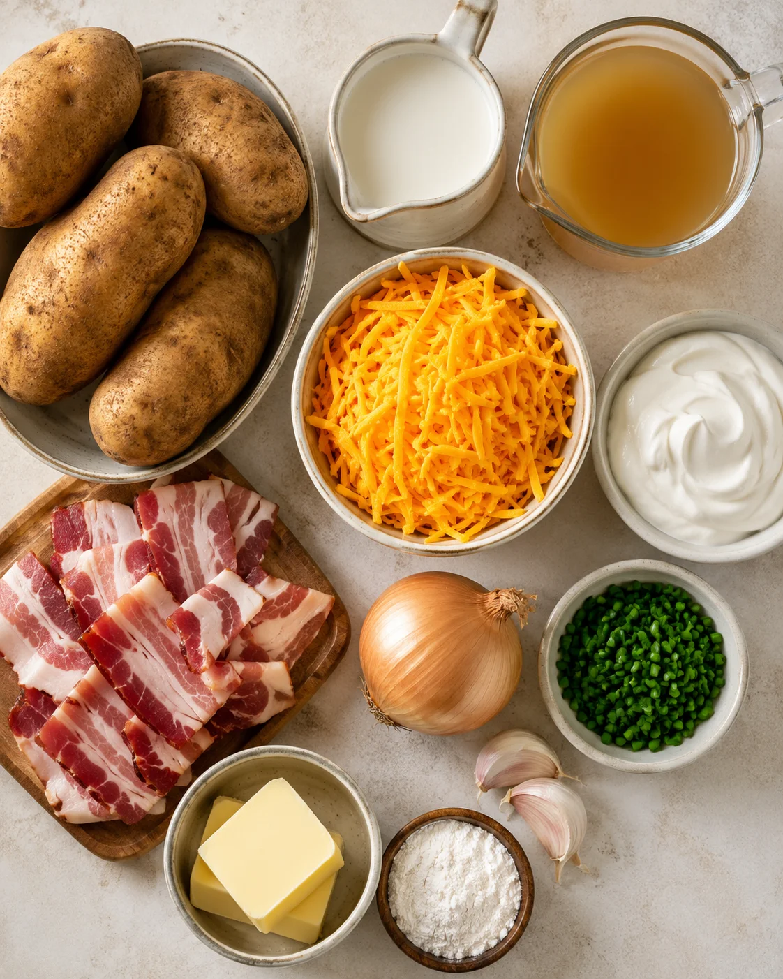 Assorted ingredients for baked potato soup including potatoes, cheese, bacon, and chives.
