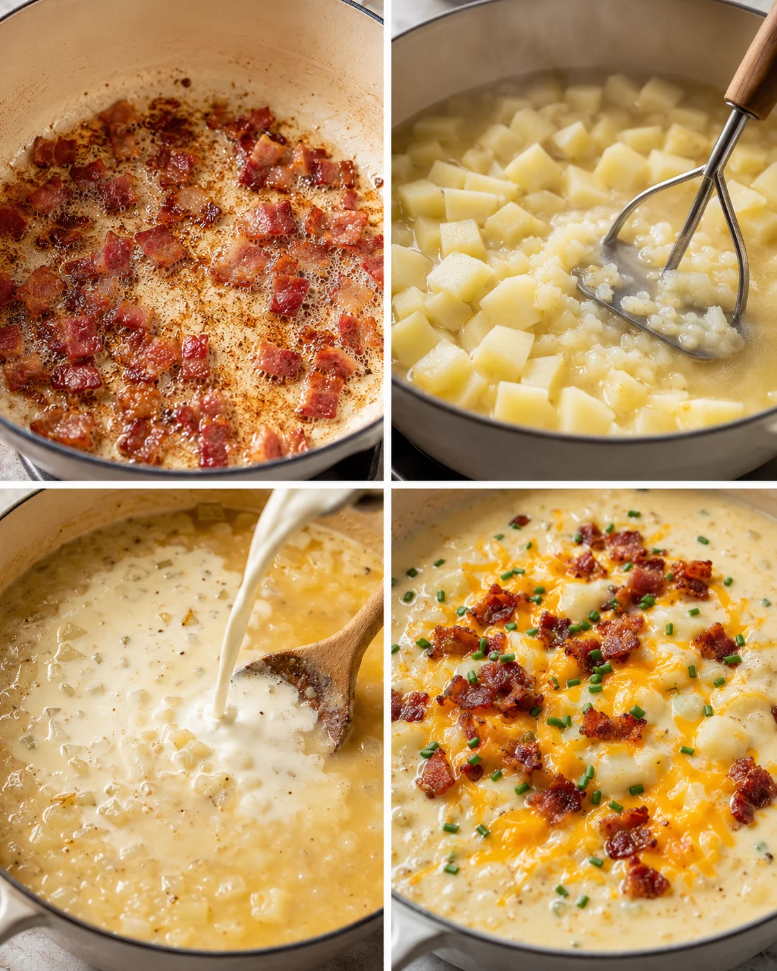 Step-by-step images showing bacon, potatoes, and cheese being prepared for soup