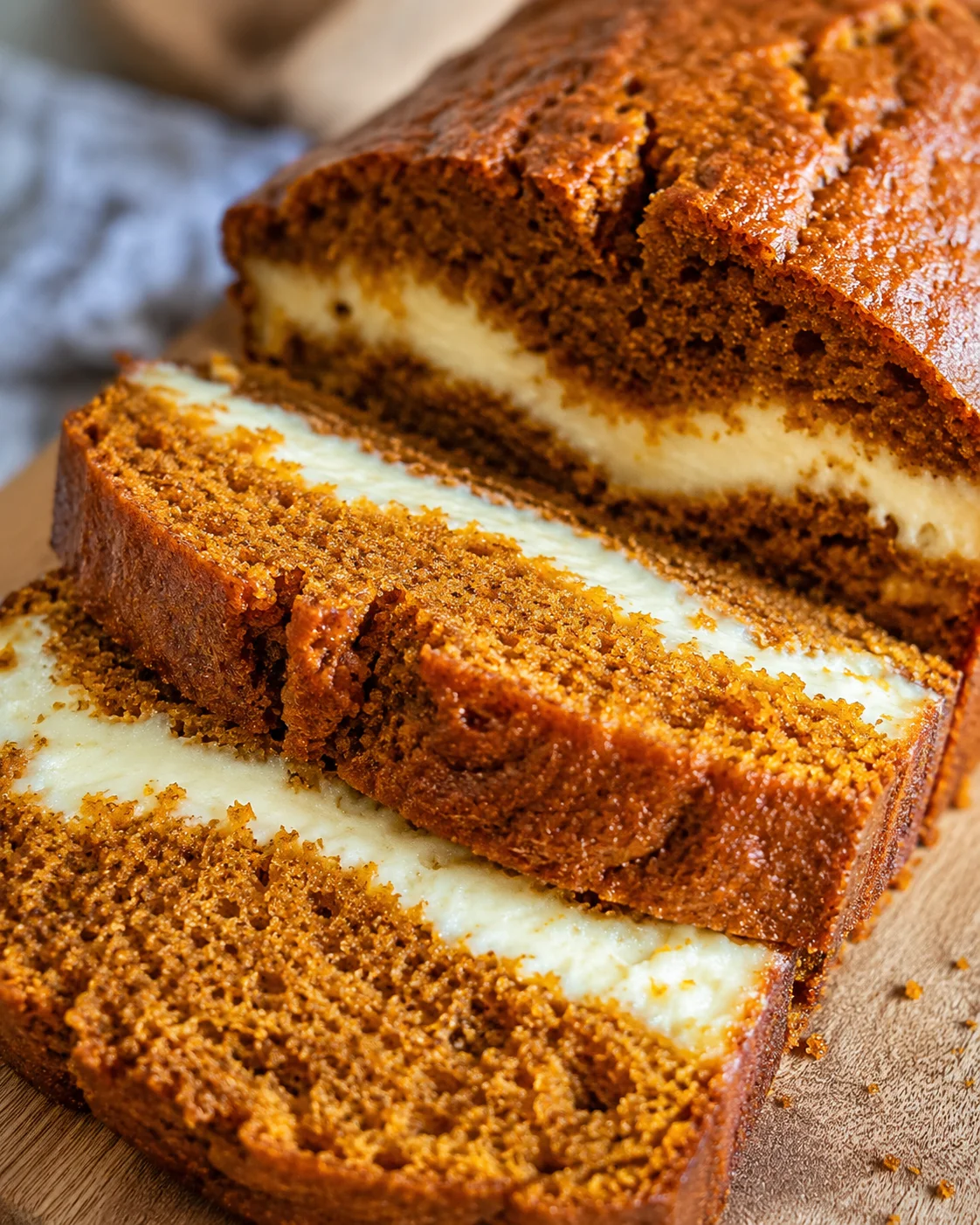 Close-up of moist pumpkin bread with cream cheese swirl in the middle.