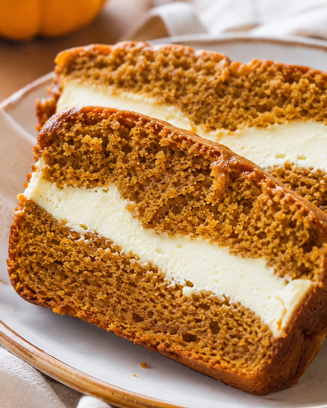 Slice of pumpkin bread with creamy cheese swirl inside, showcasing moist texture and spice.