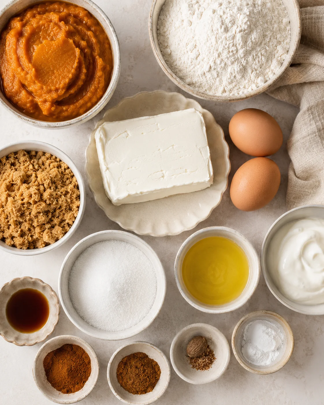 Ingredients for pumpkin cream cheese bread with spices, pumpkin puree, and dairy products