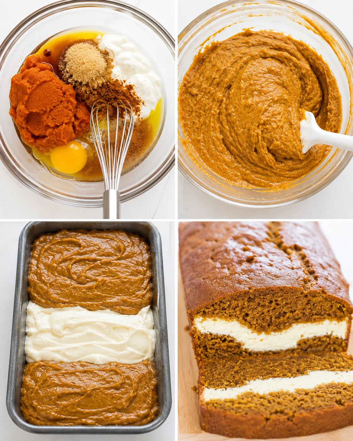 Slice of moist pumpkin bread with cream cheese swirl in the center, fresh and tempting.