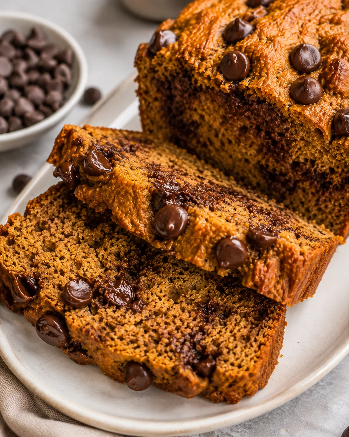 Close-up of sliced protein pumpkin bread with chocolate chips on a plate.