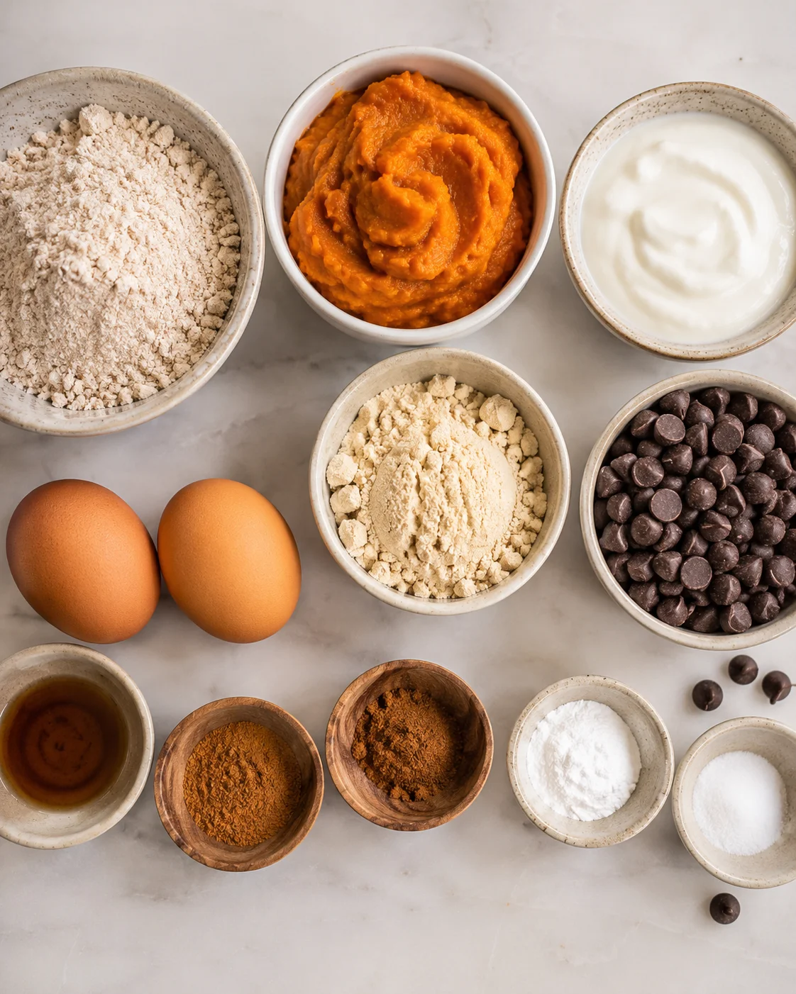 Various ingredients for protein pumpkin bread including flour, pumpkin, yogurt, eggs, and chocolate chips.