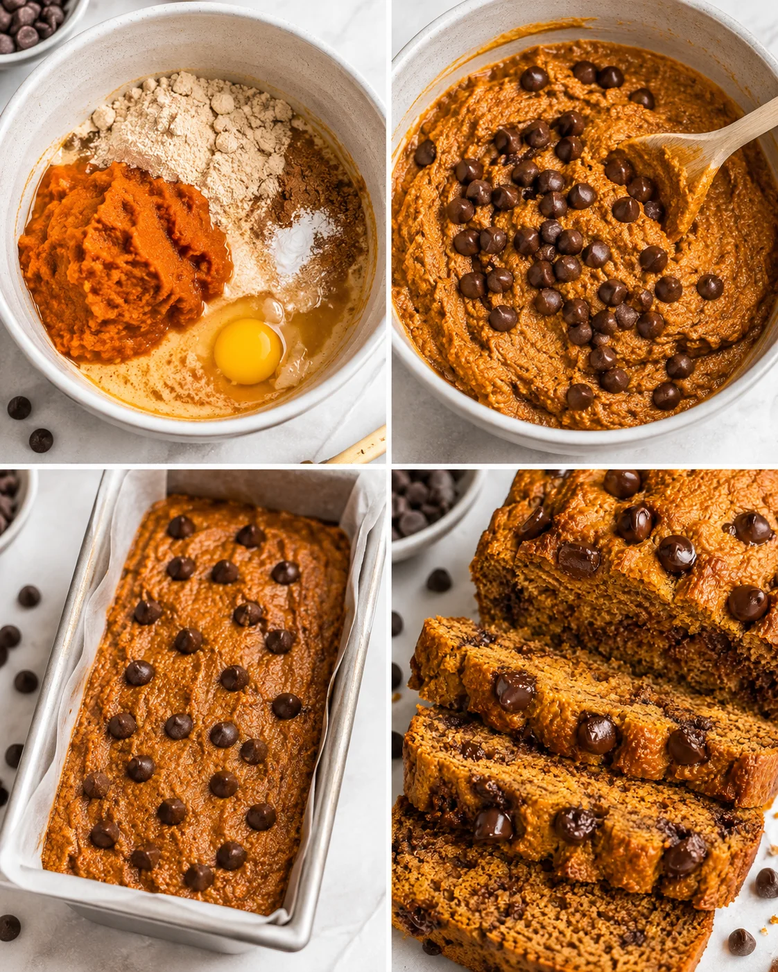 Baked protein pumpkin bread with chocolate chips in a loaf pan, freshly sliced