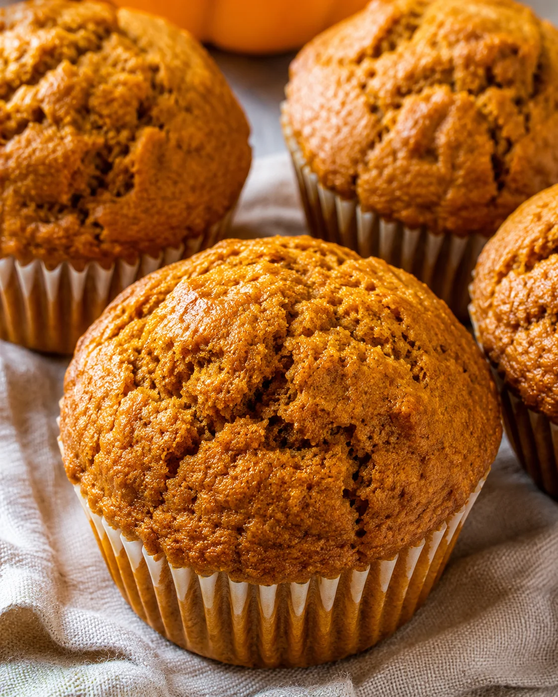 Freshly baked pumpkin muffins with a golden crust, in paper liners on a cloth.