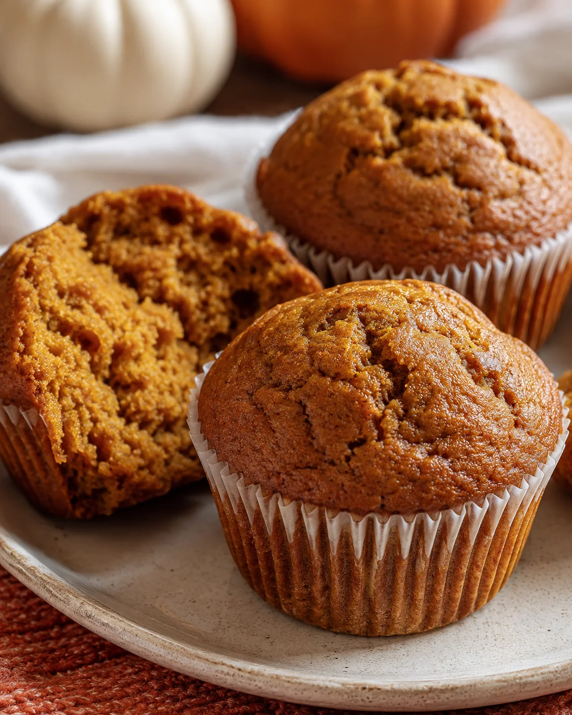 Freshly baked pumpkin muffins with a warm, golden crust on a plate.