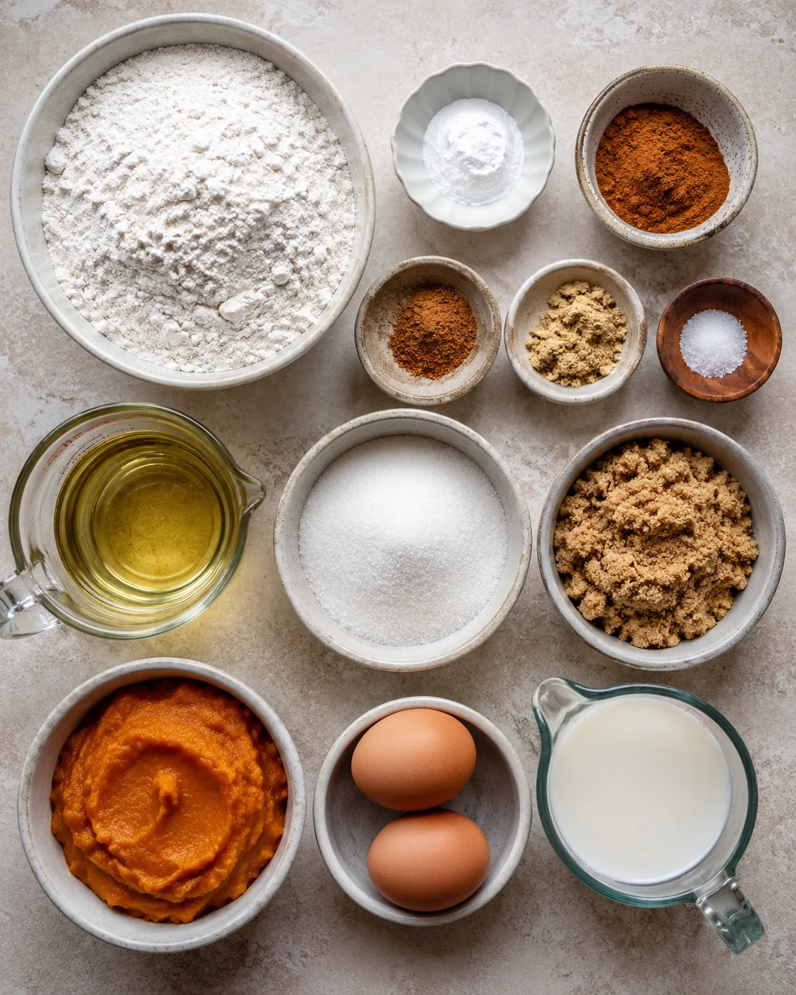 Assorted baking ingredients for pumpkin muffins on a light surface