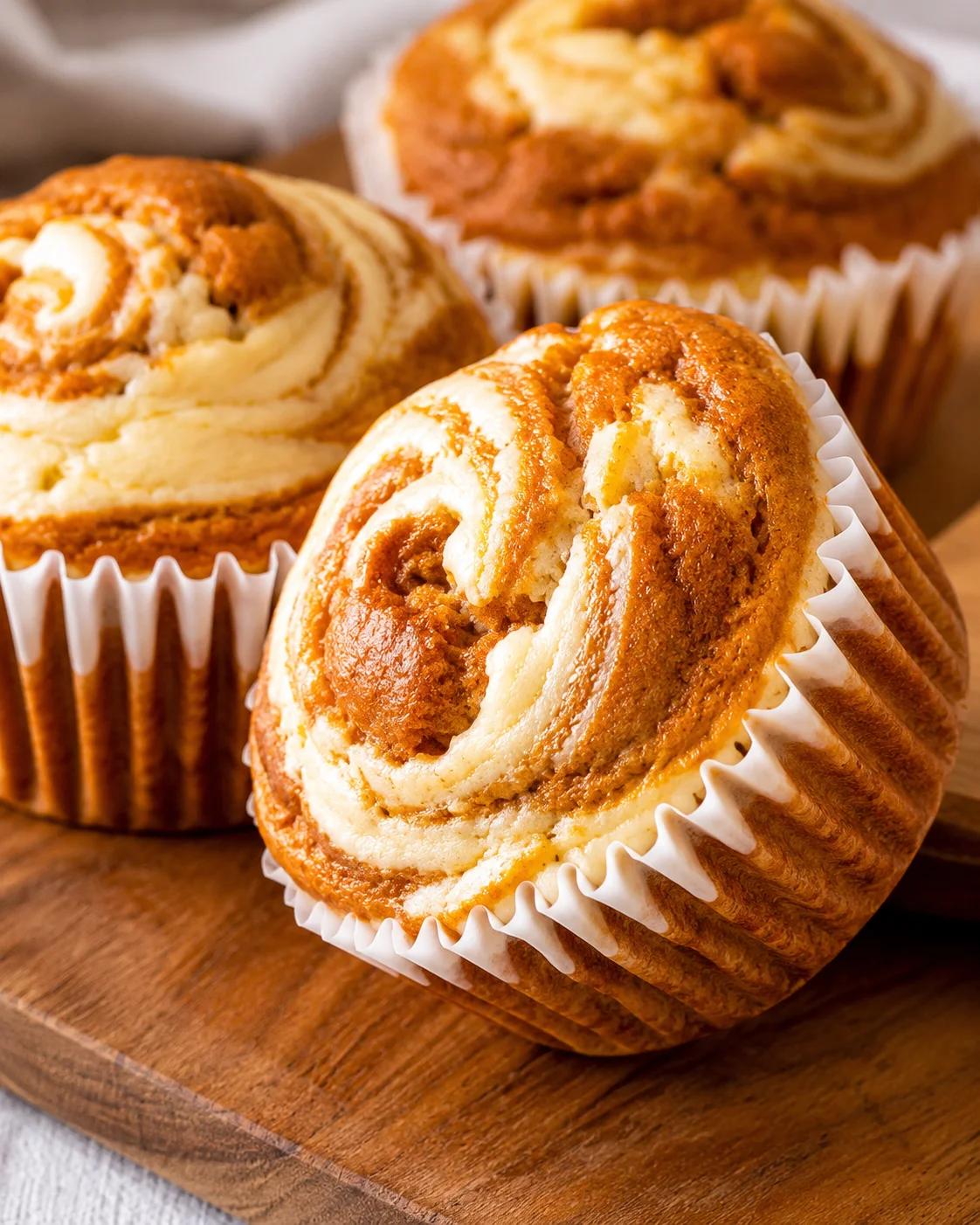 Delicious, moist pumpkin muffins swirled with creamy cream cheese topping.