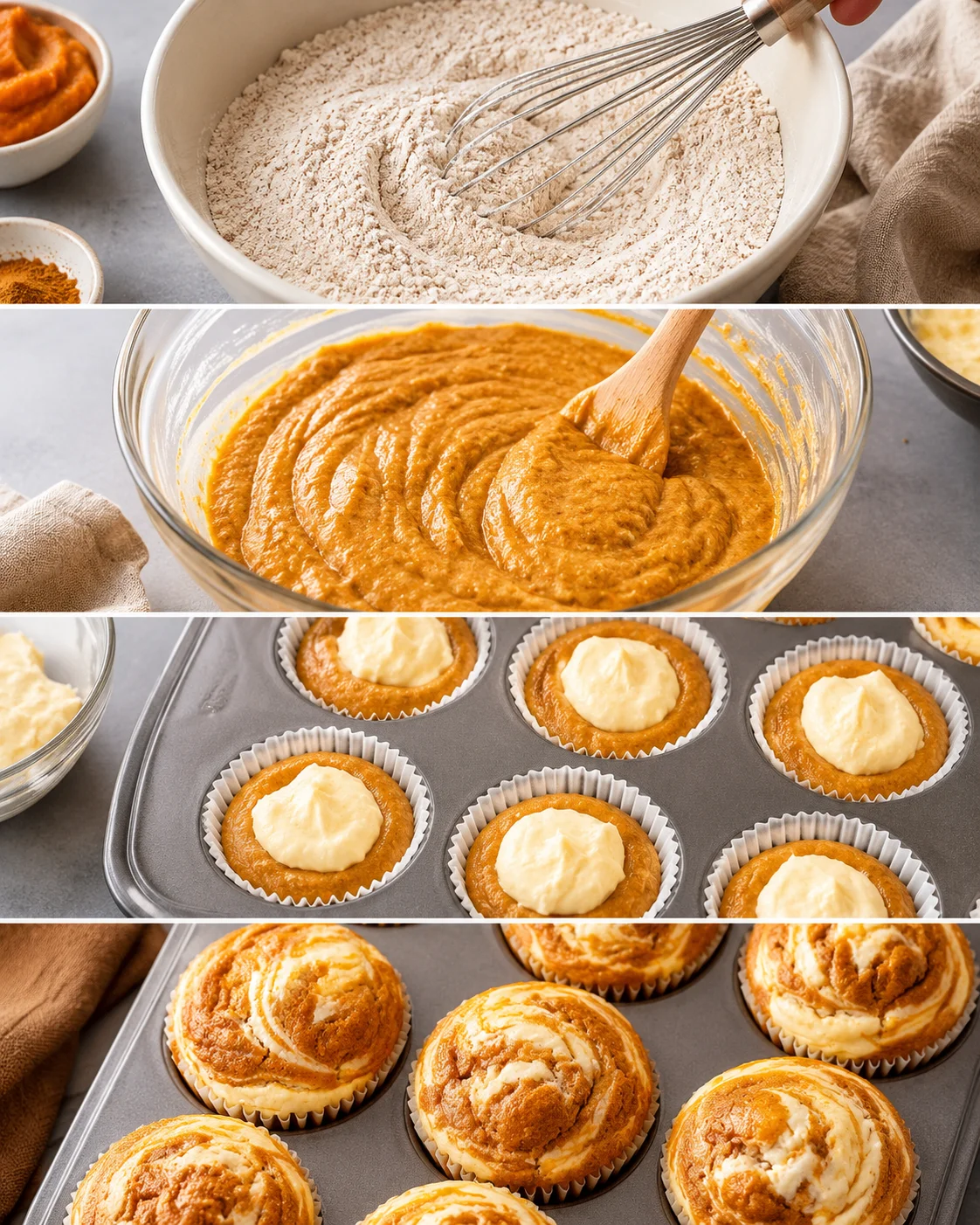 Freshly baked pumpkin muffins with swirled cream cheese topping cooling on a tray.