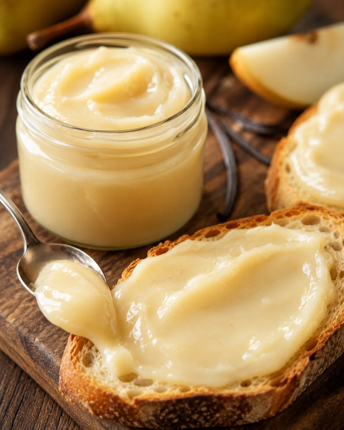 Homemade pear vanilla butter spread on toasted bread slices.