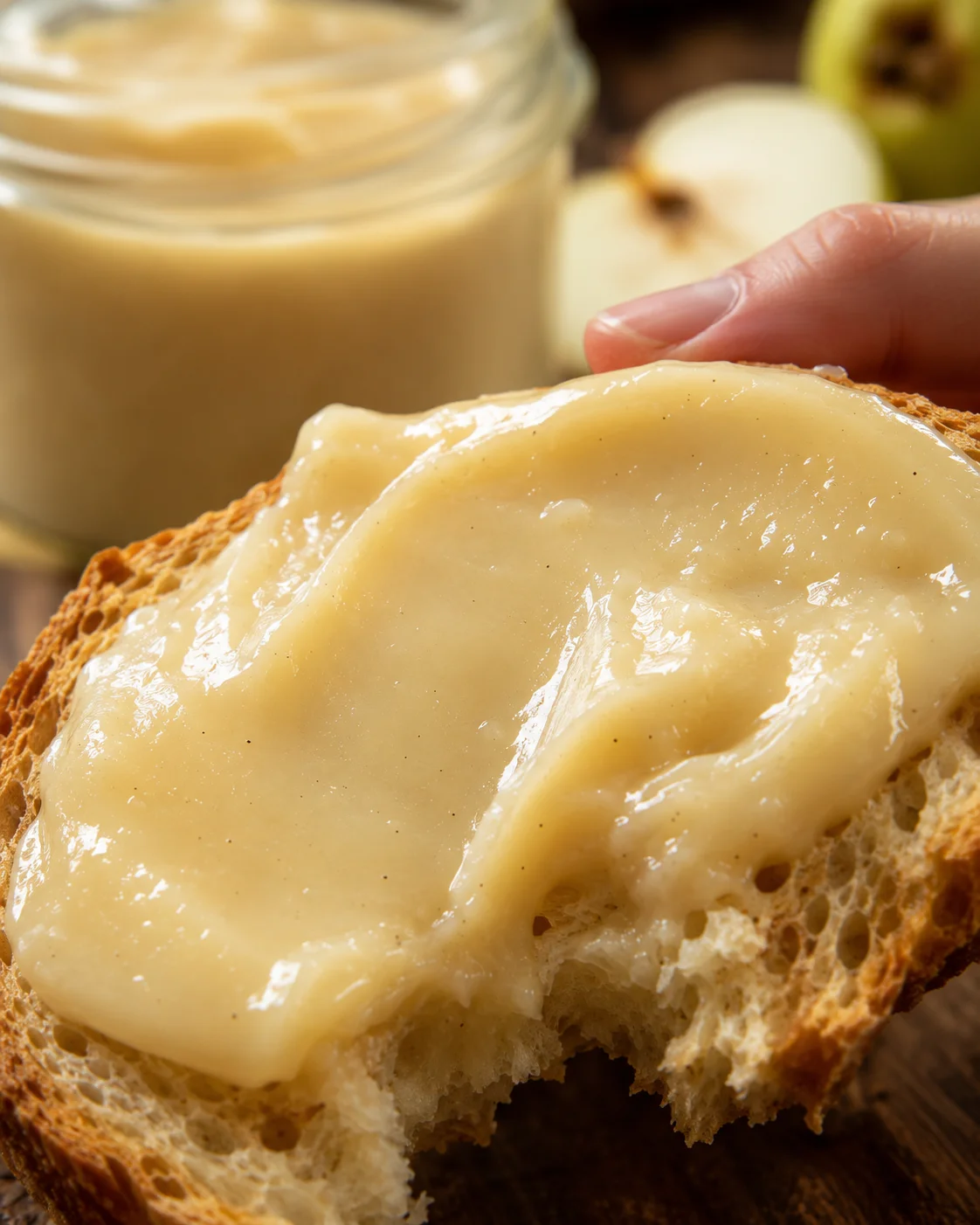 Close-up of a slice of bread with homemade pear vanilla butter spread