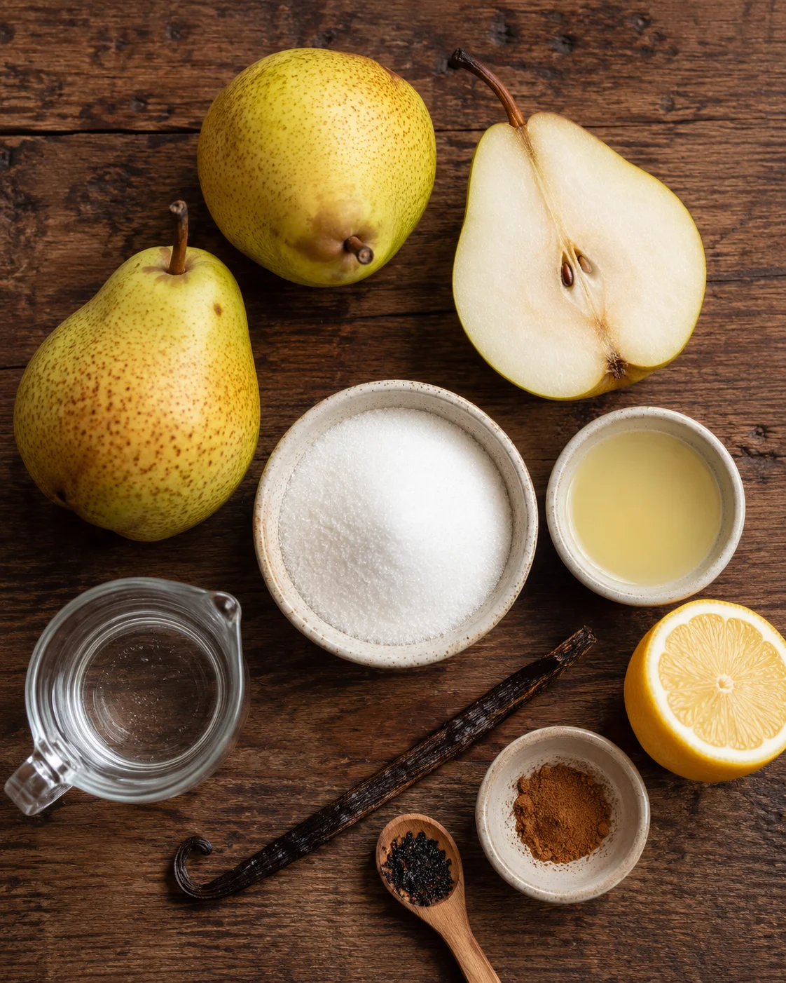 Fresh pears, vanilla, and spices arranged on a wooden surface for spread.