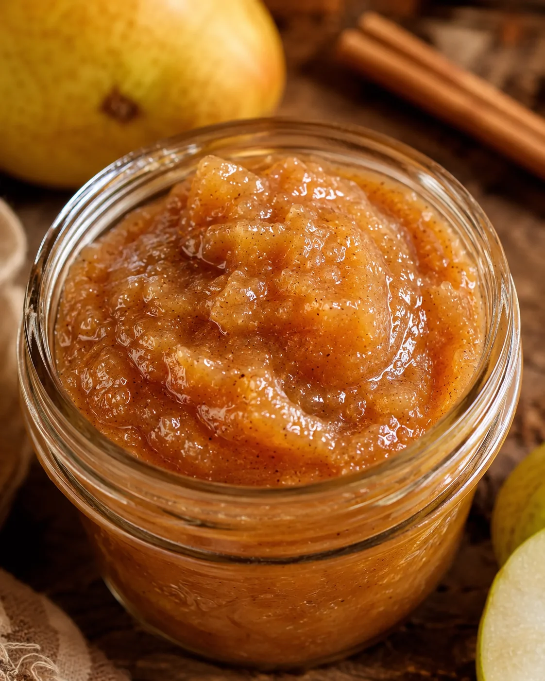 Close-up of a jar filled with homemade spiced pear butter with fresh pears nearby.