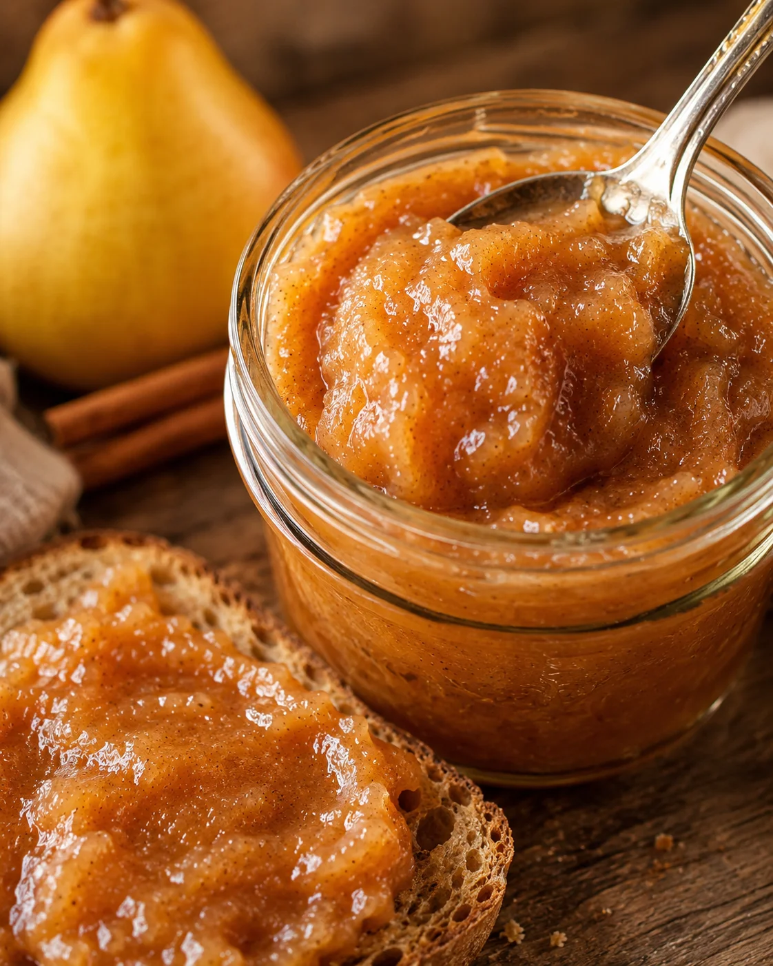Jar of homemade spiced pear butter with toast and pears in the background.